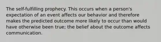 The self-fulfilling prophecy. This occurs when a person's expectation of an event affects our behavior and therefore makes the predicted outcome more likely to occur than would have otherwise been true; the belief about the outcome affects communication.