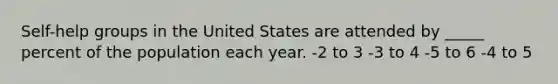 Self-help groups in the United States are attended by _____ percent of the population each year. -2 to 3 -3 to 4 -5 to 6 -4 to 5