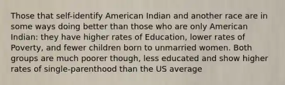 Those that self-identify American Indian and another race are in some ways doing better than those who are only American Indian: they have higher rates of Education, lower rates of Poverty, and fewer children born to unmarried women. Both groups are much poorer though, less educated and show higher rates of single-parenthood than the US average