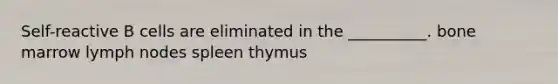 Self-reactive B cells are eliminated in the __________. bone marrow lymph nodes spleen thymus