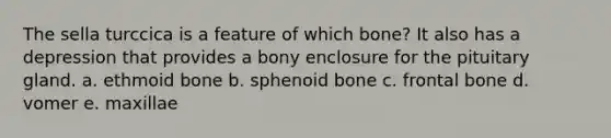 The sella turccica is a feature of which bone? It also has a depression that provides a bony enclosure for the pituitary gland. a. ethmoid bone b. sphenoid bone c. frontal bone d. vomer e. maxillae