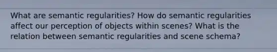 What are semantic regularities? How do semantic regularities affect our perception of objects within scenes? What is the relation between semantic regularities and scene schema?