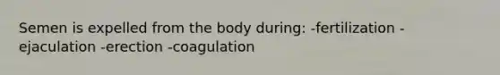 Semen is expelled from the body during: -fertilization -ejaculation -erection -coagulation