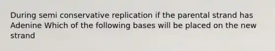 During semi conservative replication if the parental strand has Adenine Which of the following bases will be placed on the new strand