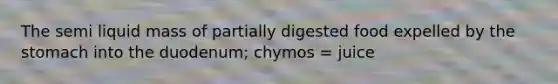 The semi liquid mass of partially digested food expelled by the stomach into the duodenum; chymos = juice