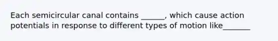 Each semicircular canal contains ______, which cause action potentials in response to different types of motion like_______