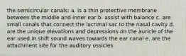 the semicircular canals: a. is a thin protective membrane between the middle and inner ear b. assist with balance c. are small canals that connect the lacrimal sac to the nasal cavity d. are the unique elevations and depressions on the auricle of the ear used in shift sound waves towards the ear canal e. are the attachment site for the auditory ossicles