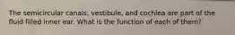 The semicircular canals, vestibule, and cochlea are part of the fluid filled inner ear. What is the function of each of them?