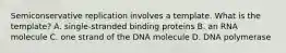 Semiconservative replication involves a template. What is the template? A. single-stranded binding proteins B. an RNA molecule C. one strand of the DNA molecule D. DNA polymerase