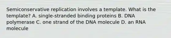 Semiconservative replication involves a template. What is the template? A. single-stranded binding proteins B. DNA polymerase C. one strand of the DNA molecule D. an RNA molecule