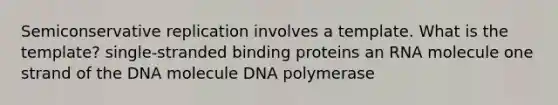 Semiconservative replication involves a template. What is the template? single-stranded binding proteins an RNA molecule one strand of the DNA molecule DNA polymerase