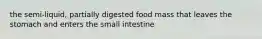 the semi-liquid, partially digested food mass that leaves the stomach and enters the small intestine