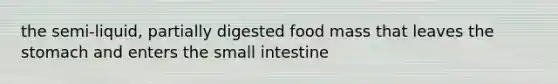 the semi-liquid, partially digested food mass that leaves the stomach and enters the small intestine