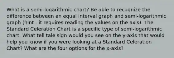 What is a semi-logarithmic chart? Be able to recognize the difference between an equal interval graph and semi-logarithmic graph (hint - it requires reading the values on the axis). The Standard Celeration Chart is a specific type of semi-logarithmic chart. What tell tale sign would you see on the y-axis that would help you know if you were looking at a Standard Celeration Chart? What are the four options for the x-axis?