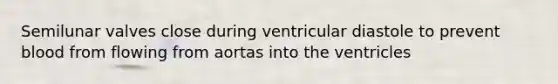 Semilunar valves close during ventricular diastole to prevent blood from flowing from aortas into the ventricles