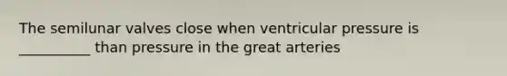 The semilunar valves close when ventricular pressure is __________ than pressure in the great arteries