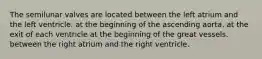 The semilunar valves are located between the left atrium and the left ventricle. at the beginning of the ascending aorta. at the exit of each ventricle at the beginning of the great vessels. between the right atrium and the right ventricle.