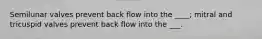 Semilunar valves prevent back flow into the ____; mitral and tricuspid valves prevent back flow into the ___.