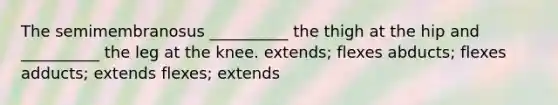 The semimembranosus __________ the thigh at the hip and __________ the leg at the knee. extends; flexes abducts; flexes adducts; extends flexes; extends