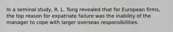 In a seminal study, R. L. Tung revealed that for European firms, the top reason for expatriate failure was the inability of the manager to cope with larger overseas responsibilities.