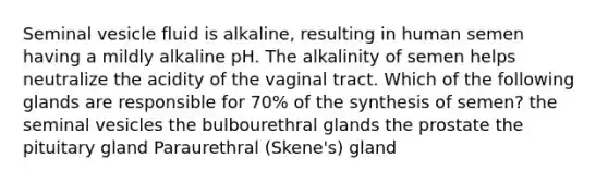 Seminal vesicle fluid is alkaline, resulting in human semen having a mildly alkaline pH. The alkalinity of semen helps neutralize the acidity of the vaginal tract. Which of the following glands are responsible for 70% of the synthesis of semen? the seminal vesicles the bulbourethral glands the prostate the pituitary gland Paraurethral (Skene's) gland