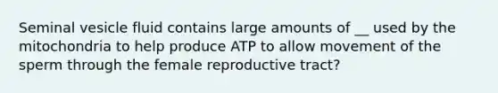 Seminal vesicle fluid contains large amounts of __ used by the mitochondria to help produce ATP to allow movement of the sperm through the female reproductive tract?