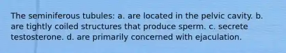 The seminiferous tubules: a. are located in the pelvic cavity. b. are tightly coiled structures that produce sperm. c. secrete testosterone. d. are primarily concerned with ejaculation.