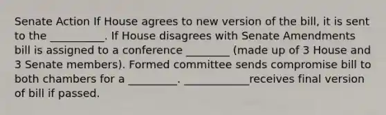 Senate Action If House agrees to new version of the bill, it is sent to the __________. If House disagrees with Senate Amendments bill is assigned to a conference ________ (made up of 3 House and 3 Senate members). Formed committee sends compromise bill to both chambers for a _________. ____________receives final version of bill if passed.