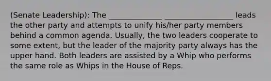 (Senate Leadership): The ______________ __________________ leads the other party and attempts to unify his/her party members behind a common agenda. Usually, the two leaders cooperate to some extent, but the leader of the majority party always has the upper hand. Both leaders are assisted by a Whip who performs the same role as Whips in the House of Reps.