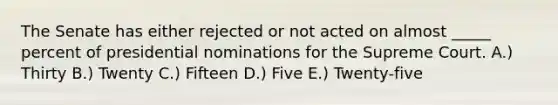 The Senate has either rejected or not acted on almost _____ percent of presidential nominations for the Supreme Court. ​A.) Thirty ​B.) Twenty ​C.) Fifteen D.) Five ​E.) Twenty-five