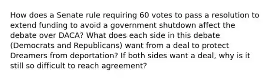 How does a Senate rule requiring 60 votes to pass a resolution to extend funding to avoid a government shutdown affect the debate over DACA? What does each side in this debate (Democrats and Republicans) want from a deal to protect Dreamers from deportation? If both sides want a deal, why is it still so difficult to reach agreement?