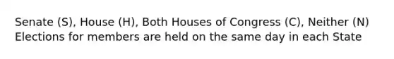 Senate (S), House (H), Both Houses of Congress (C), Neither (N) Elections for members are held on the same day in each State