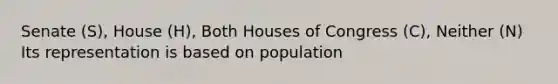 Senate (S), House (H), Both Houses of Congress (C), Neither (N) Its representation is based on population