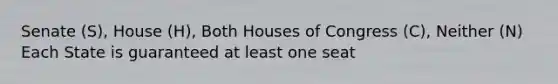 Senate (S), House (H), Both Houses of Congress (C), Neither (N) Each State is guaranteed at least one seat