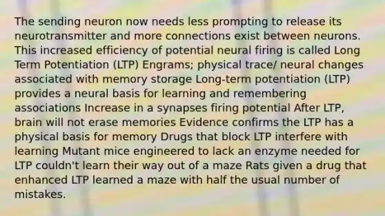 The sending neuron now needs less prompting to release its neurotransmitter and more connections exist between neurons. This increased efficiency of potential neural firing is called Long Term Potentiation (LTP) Engrams; physical trace/ neural changes associated with memory storage Long-term potentiation (LTP) provides a neural basis for learning and remembering associations Increase in a synapses firing potential After LTP, brain will not erase memories Evidence confirms the LTP has a physical basis for memory Drugs that block LTP interfere with learning Mutant mice engineered to lack an enzyme needed for LTP couldn't learn their way out of a maze Rats given a drug that enhanced LTP learned a maze with half the usual number of mistakes.