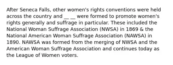 After Seneca Falls, other women's rights conventions were held across the country and __ __ were formed to promote women's rights generally and suffrage in particular. These included the National Woman Suffrage Association (NWSA) in 1869 & the National American Woman Suffrage Association (NAWSA) in 1890. NAWSA was formed from the merging of NWSA and the American Woman Suffrage Association and continues today as the League of Women voters.