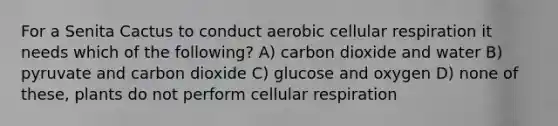 For a Senita Cactus to conduct aerobic cellular respiration it needs which of the following? A) carbon dioxide and water B) pyruvate and carbon dioxide C) glucose and oxygen D) none of these, plants do not perform cellular respiration