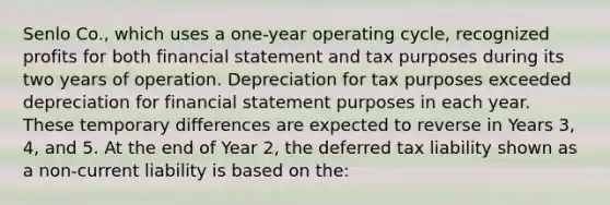 Senlo Co., which uses a one-year operating cycle, recognized profits for both financial statement and tax purposes during its two years of operation. Depreciation for tax purposes exceeded depreciation for financial statement purposes in each year. These temporary differences are expected to reverse in Years 3, 4, and 5. At the end of Year 2, the deferred tax liability shown as a non-current liability is based on the: