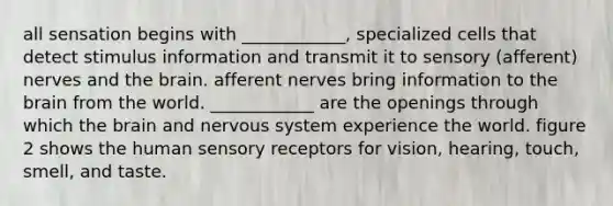 all sensation begins with ____________, specialized cells that detect stimulus information and transmit it to sensory (afferent) nerves and the brain. afferent nerves bring information to the brain from the world. ____________ are the openings through which the brain and nervous system experience the world. figure 2 shows the human sensory receptors for vision, hearing, touch, smell, and taste.