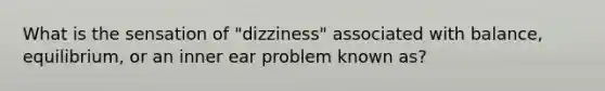 What is the sensation of "dizziness" associated with balance, equilibrium, or an inner ear problem known as?