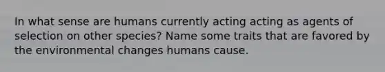 In what sense are humans currently acting acting as agents of selection on other species? Name some traits that are favored by the environmental changes humans cause.