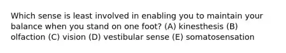 Which sense is least involved in enabling you to maintain your balance when you stand on one foot? (A) kinesthesis (B) olfaction (C) vision (D) vestibular sense (E) somatosensation