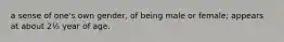 a sense of one's own gender, of being male or female; appears at about 2½ year of age.