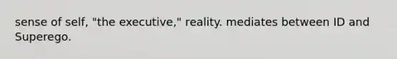 sense of self, "the executive," reality. mediates between ID and Superego.