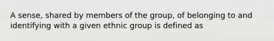 A sense, shared by members of the group, of belonging to and identifying with a given ethnic group is defined as