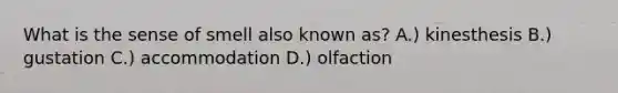 What is the sense of smell also known as? A.) kinesthesis B.) gustation C.) accommodation D.) olfaction