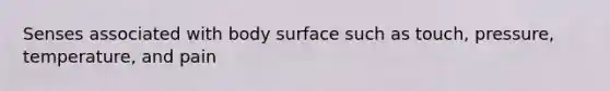 Senses associated with body surface such as touch, pressure, temperature, and pain