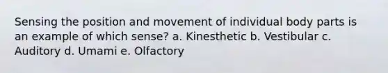 Sensing the position and movement of individual body parts is an example of which sense? a. Kinesthetic b. Vestibular c. Auditory d. Umami e. Olfactory