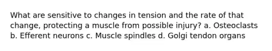 What are sensitive to changes in tension and the rate of that change, protecting a muscle from possible injury? a. Osteoclasts b. Efferent neurons c. Muscle spindles d. Golgi tendon organs