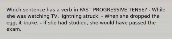 Which sentence has a verb in PAST PROGRESSIVE TENSE? - While she was watching TV, lightning struck. - When she dropped the egg, it broke. - If she had studied, she would have passed the exam.